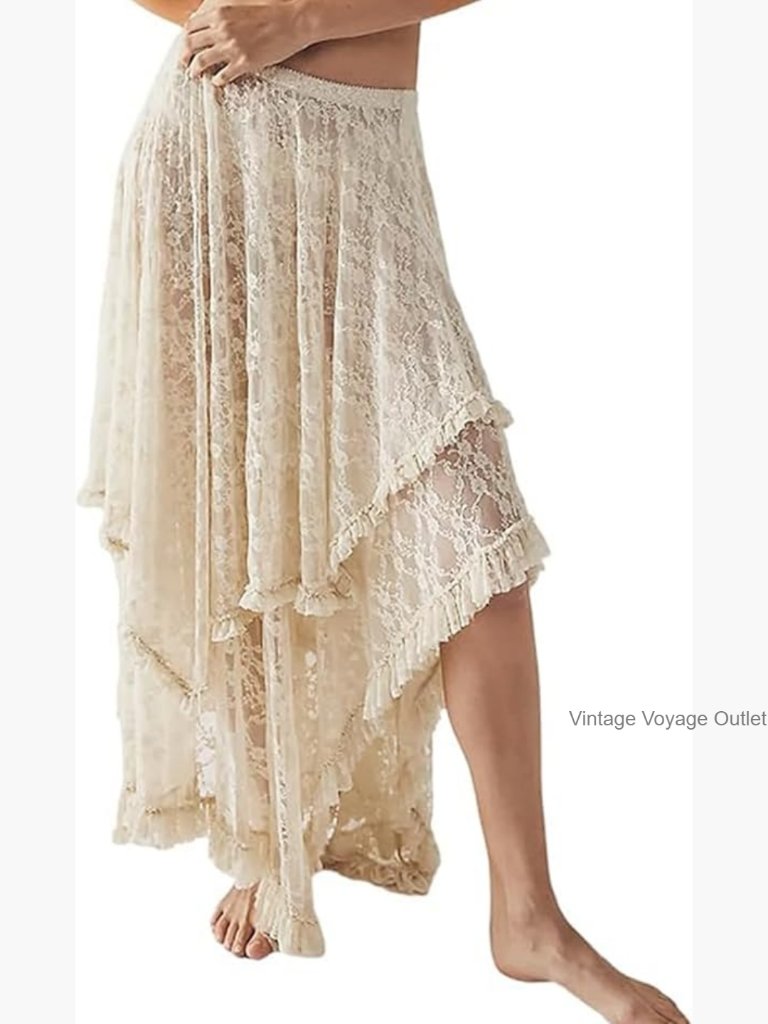 Lace Maxi Skirt With Elastic Waist Asymmetrical Layered Boho Flowy